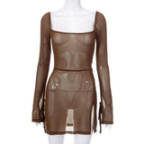 Solid Color Mesh Long Sleeve Slit Short Dress