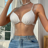 Fishnet Rhinestone Flash Diamond Women's Short Sleeve Top Vest