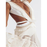 White Sexy Fringe Mesh Cutout Cotton Blend Mesh Beach Dress