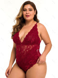 Plus Size & Curve Sheer Floral Lace Teddy Plunge Crisscross Spaghetti Strap Lingerie Bodysuit-Red