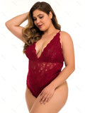 Plus Size & Curve Sheer Floral Lace Teddy Plunge Crisscross Spaghetti Strap Lingerie Bodysuit-Red