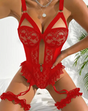 Cutout Backless Lace Garter Teddy With Leg Rings