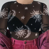Star And Moon Printed Mesh See-Through T-Shirt