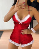 Christmas Print Lace Spaghetti Strap Romper
