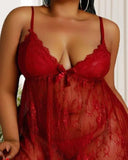 Plus Size Bow Decor Lace Babydoll With Thong