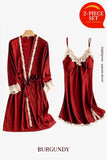 Burgundy Soft Comfortable Ice Silk Lace Pajamas 2pcs Set