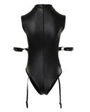 O Neck Cutout Bondage Crotchless PU Leather Teddy
